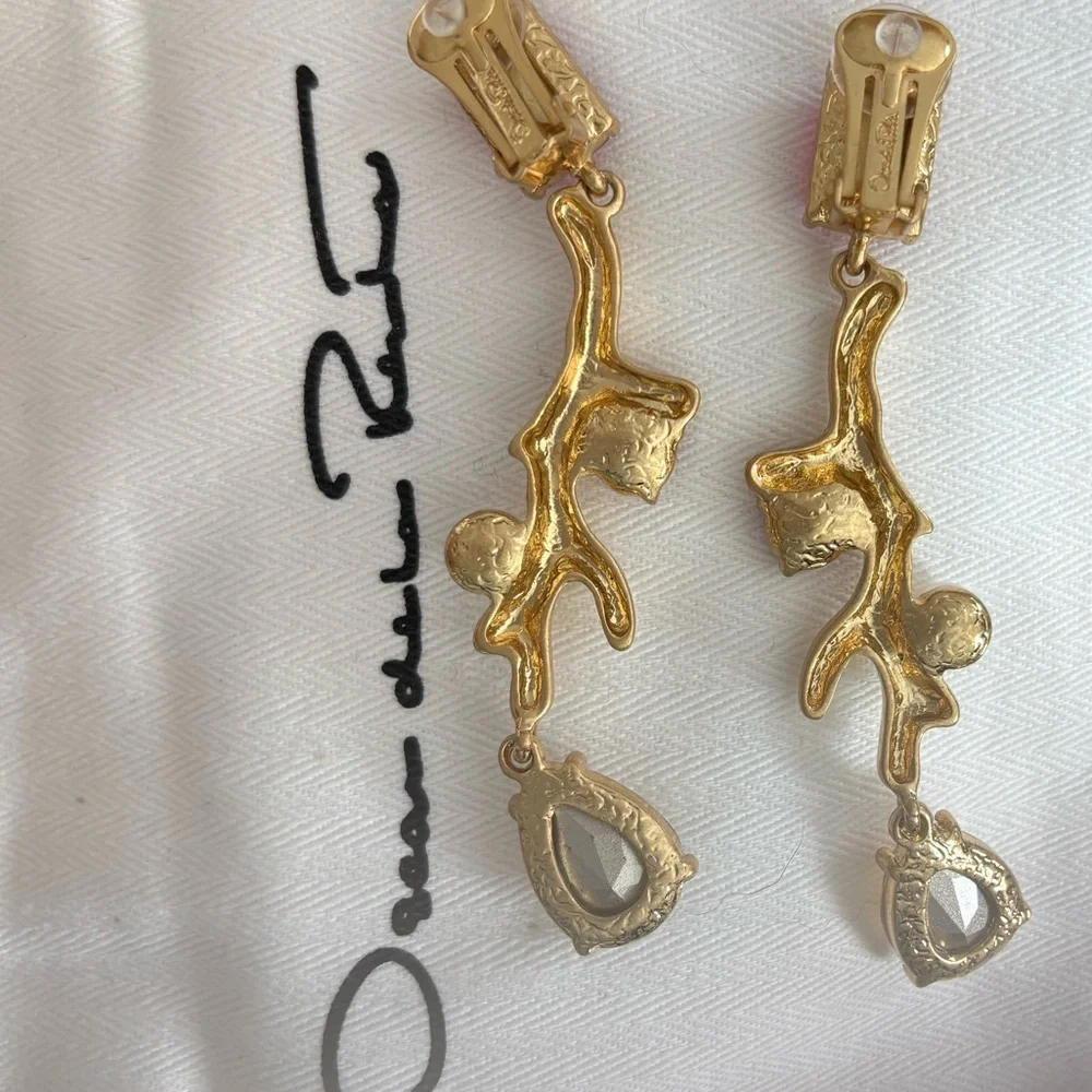 OSCAR de la RENTA Gold Pink Crystal Pearl Flora Branch Drop Earrings Branch